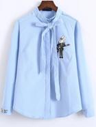 Shein Blue Rabbit Embroidery Corduroy Blouse With Bow Tie