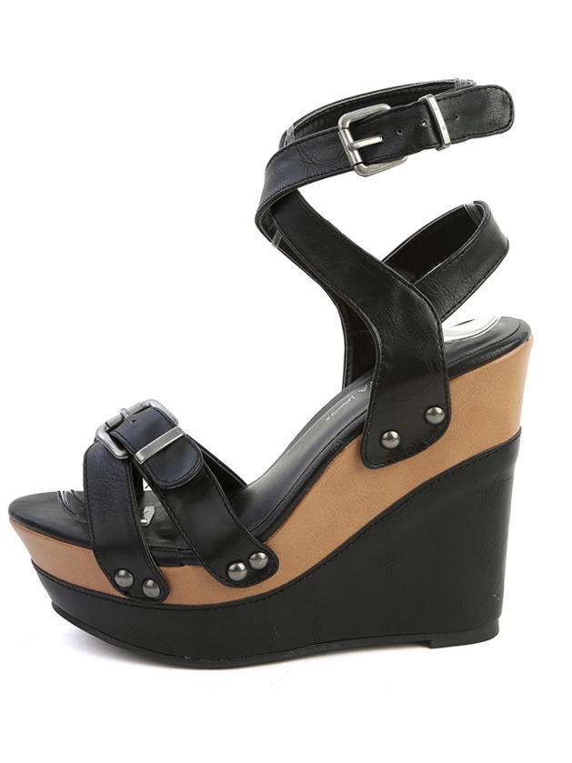 Shein Wild Diva Lounge Chic-42 Buckle Criss Cross Platform Wedges Black