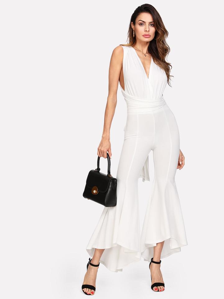 Shein Cross Wrap High Low Flared Jumpsuit