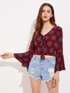 Shein Ornate Print Flare Sleeve Shirred Hem Top