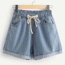 Shein Pinstripe Drawstring Waist Denim Shorts