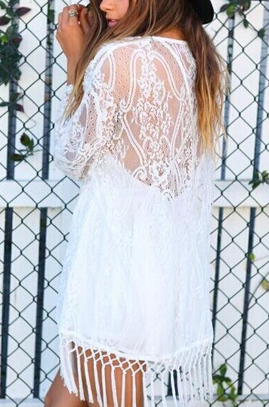 Shein White Long Sleeve Sheer Tassel Lace Blouse