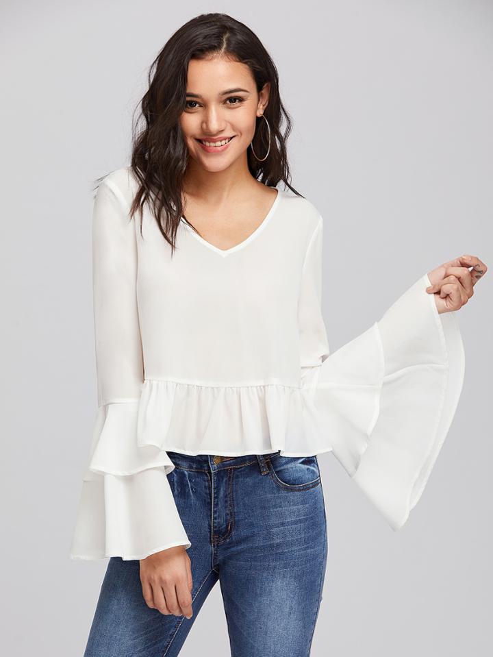 Shein Tiered Bell Sleeve Ruffle Hem Blouse