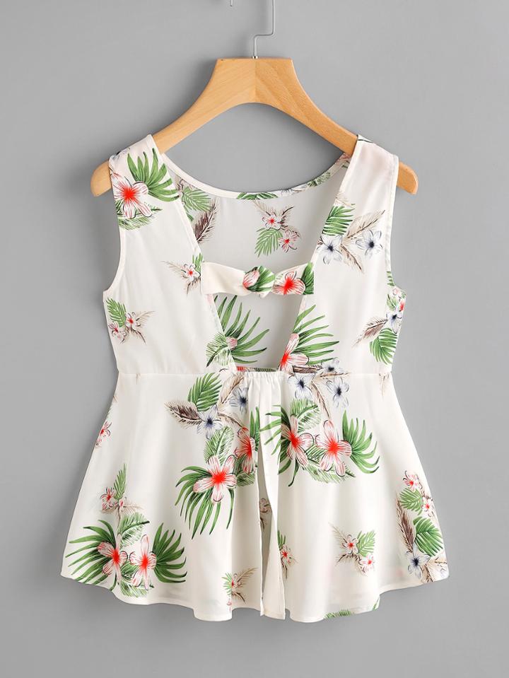 Shein Jungle Print Open Back Knotted Peplum Tank Top