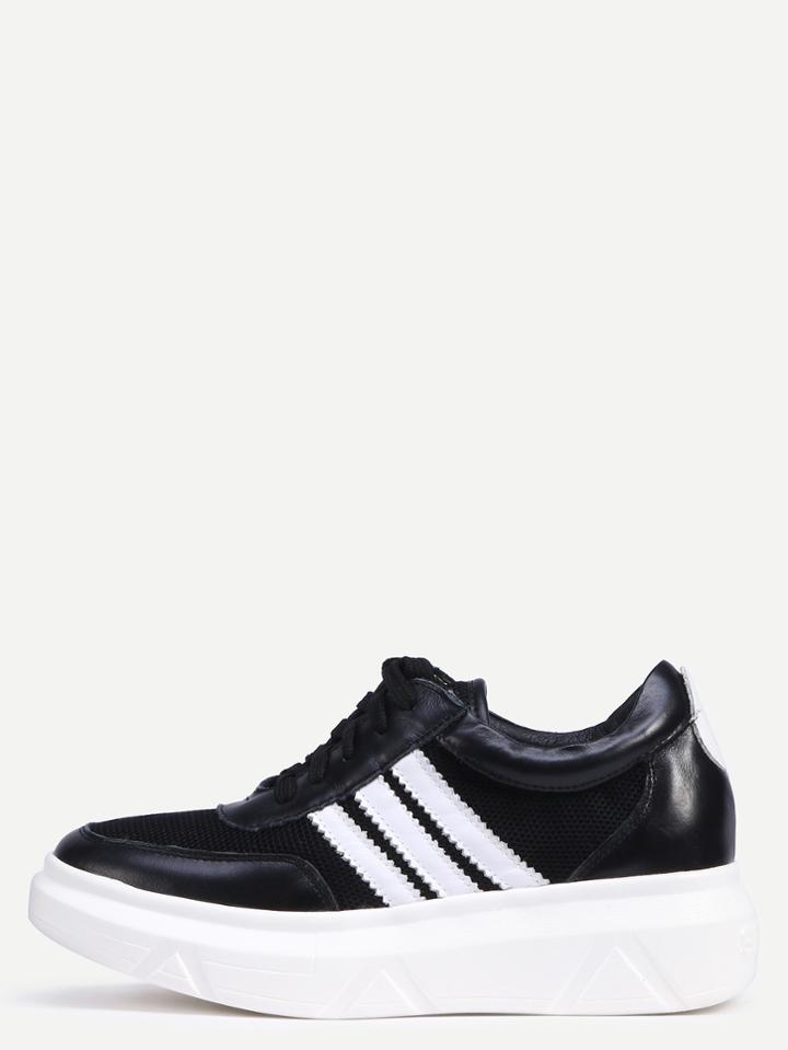 Shein Black Round Toe Striped Side Lace-up Wedges