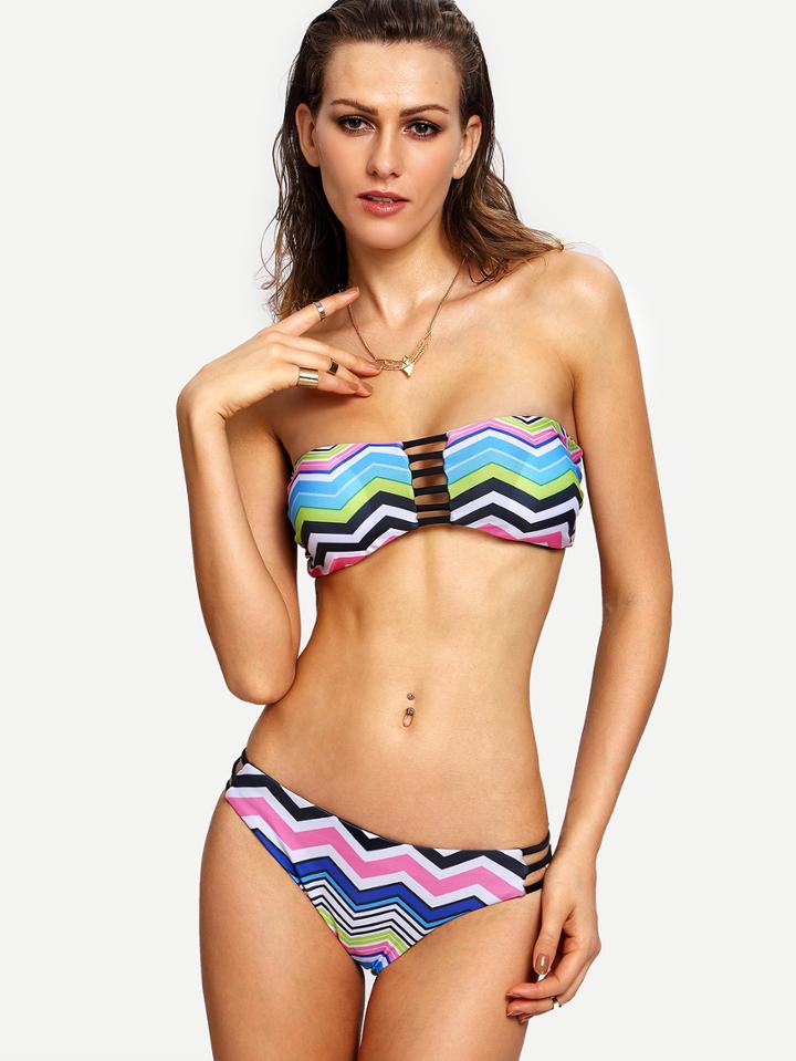 Shein Strappy Chevron Print Bandeau Bikini Set