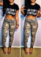 Rosewe White Letter Print Crop Top And Leopard Print Pants