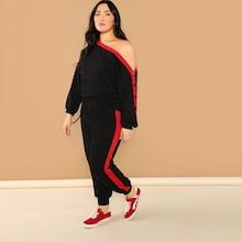 Shein Plus Asymmetric Shoulder Buttoned Sleeve Sweatshirt & Pants Set