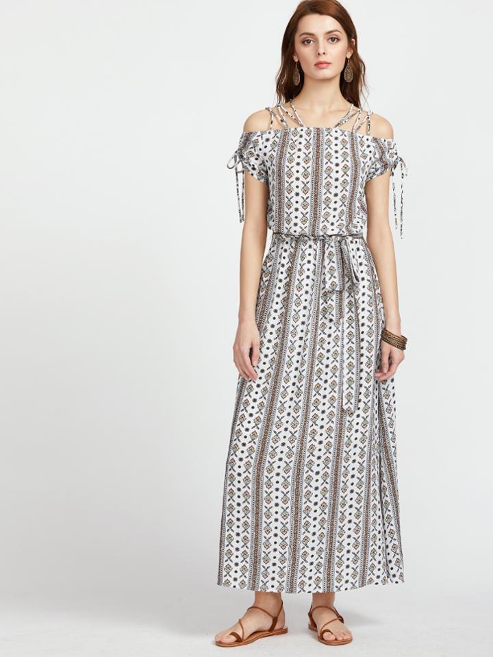 Shein Ornate Print Strappy Cold Shoulder Drawstring Sleeve Dress