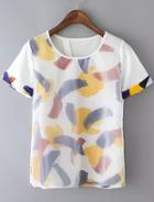 Shein White Short Sleeve Graffiti Print Sheer Mesh Blouse