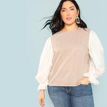 Shein Plus Solid Lantern Sleeve Plaid Top