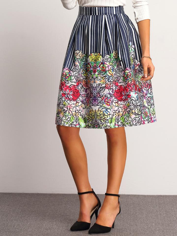 Shein Colour Vertical Stripe Floral Skirt