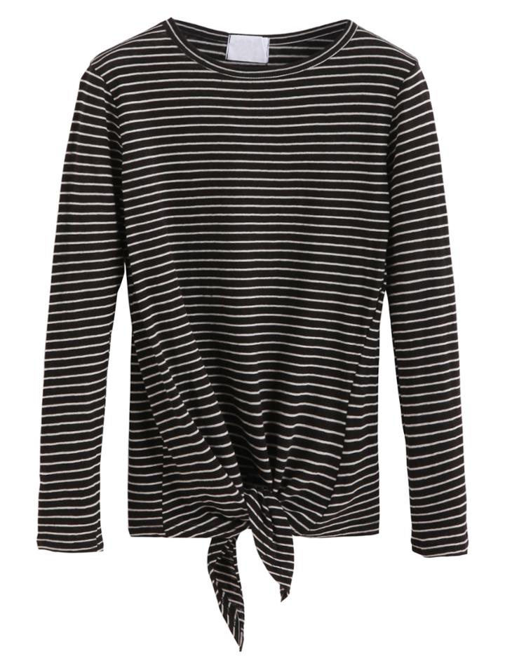 Shein Black White Striped Tie Front T-shirt