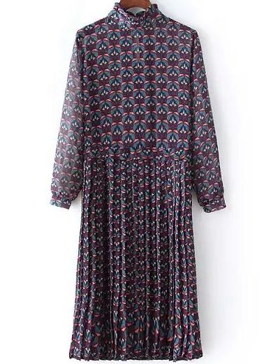 Shein Multicolor Frill Neck Floral Pleated Dress