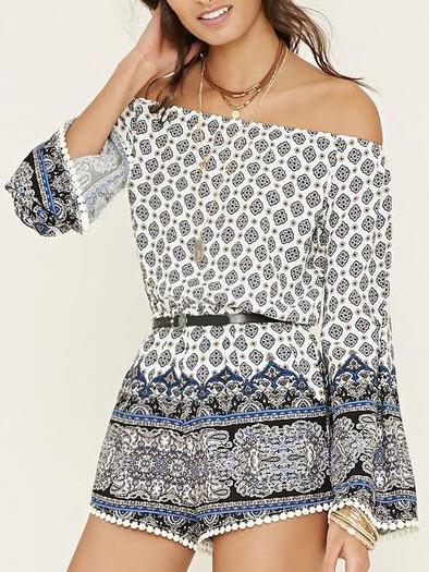 Shein Multicolor Off The Shoulder Tribal Print Jumpsuit