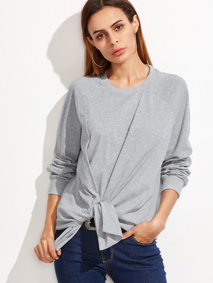 Shein Heather Grey Raglan Sleeve Tie Front Sweatshirt