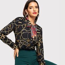 Shein Random Print Tie-neck Blouse