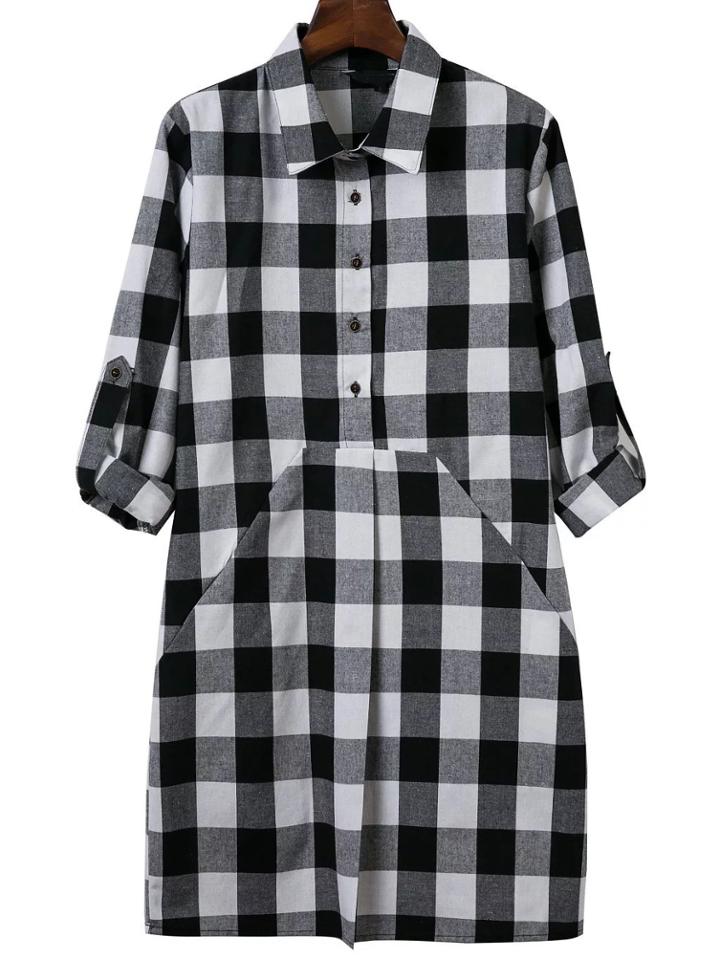 Shein Black And White Plaid Button Up Shirt Dress With Pocket