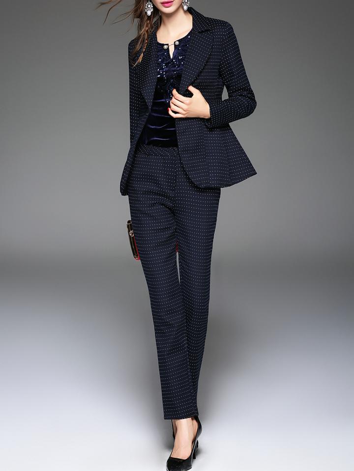 Shein Navy Lapel Polka Dot Top With Pockets Pants