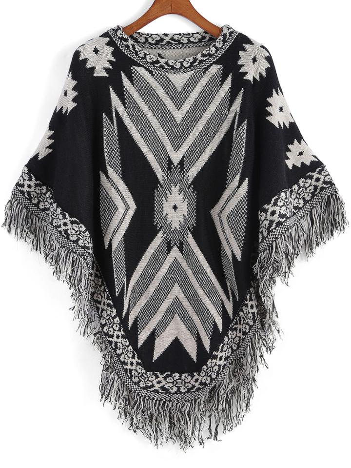 Shein Black White Tribal Print Tassel Cape