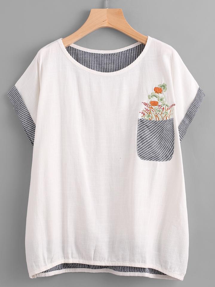 Shein Embroidered Contrast Striped Dip Hem Pocket Tee