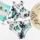 Shein Girls Criss Cross Palm Print Bikini Set