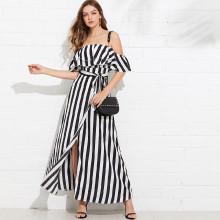 Shein Self Tie Waist Striped Tiered Dress