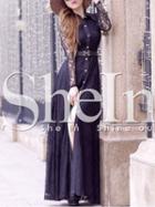 Shein Black Long Sleeve Lapel With Lace Split Maxi Dress