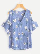 Shein V Neckline Open Shoulder Vertical Striped Florals Top