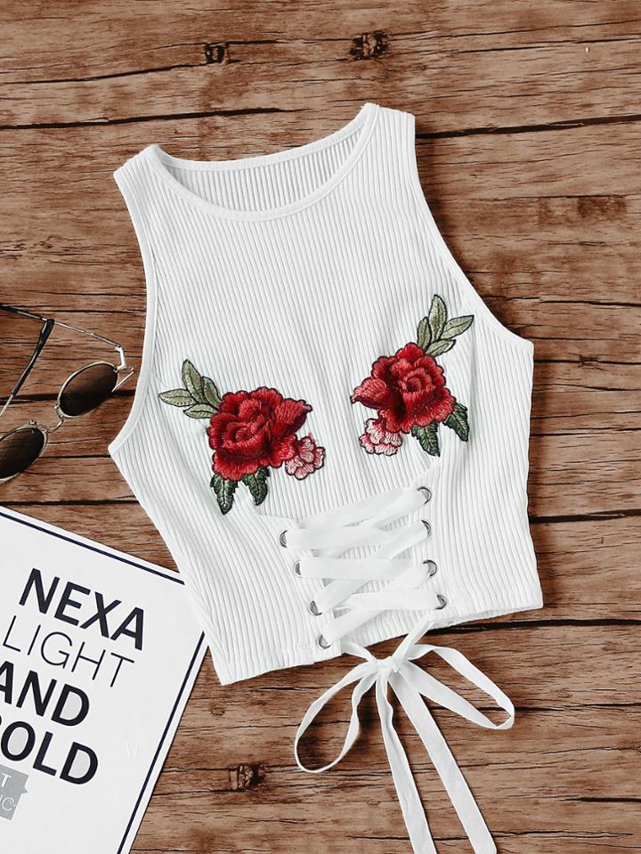 Shein Embroidered Rose Patch Lace Up Ribbed Tank Top