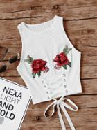 Shein Embroidered Rose Patch Lace Up Ribbed Tank Top
