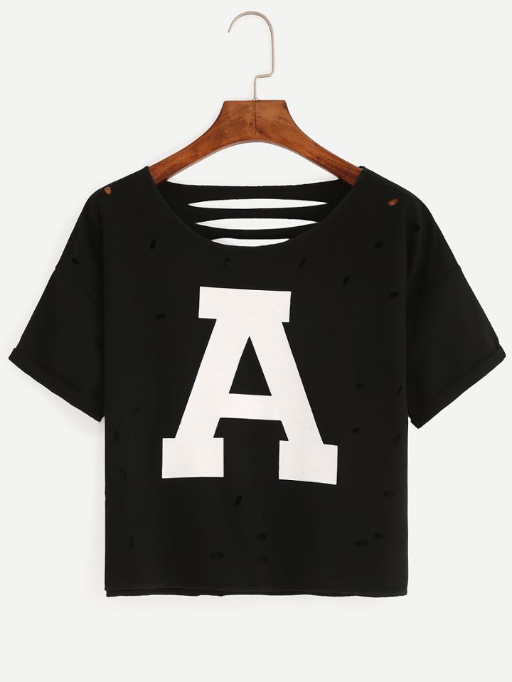 Shein Black Letter Print Cut Out T-shirt