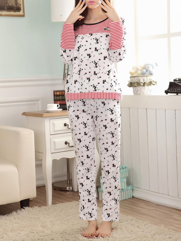 Shein Stripe Panel Cat Print Tee & Pants Pj Set