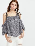 Shein Self Tie Cold Shoulder Bell Sleeve Checkered Trapeze Top