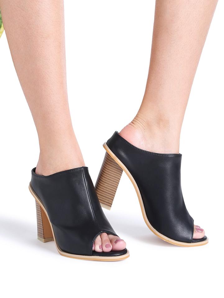 Shein Black Peep Toe Pu Chunky Heels
