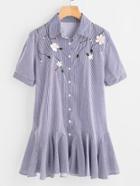 Shein Pinstripe Frill Hem Embroidered Shirt Dress