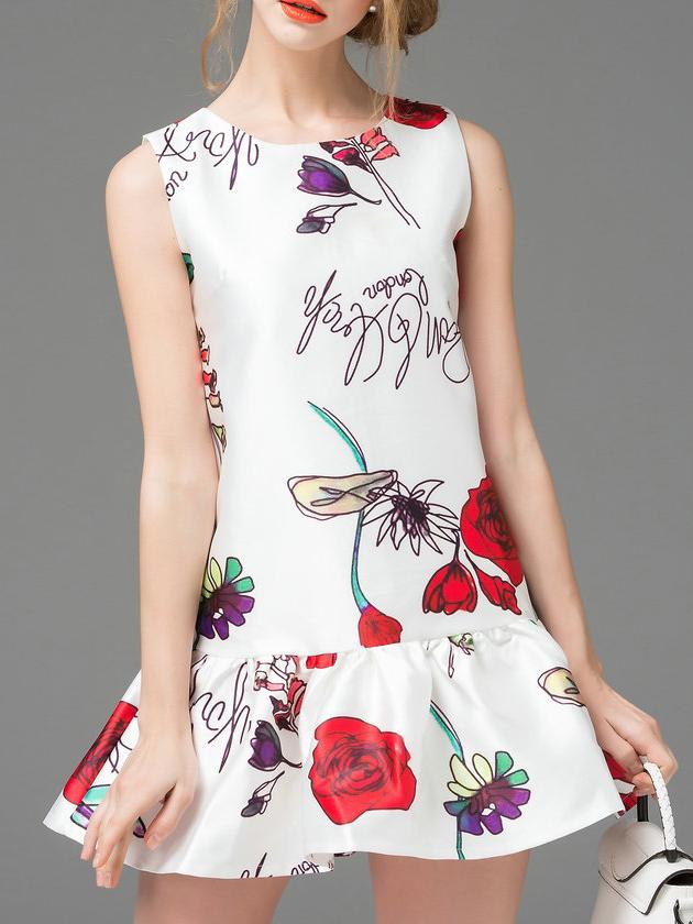 Shein White Crew Neck Drop Waist Print Dress