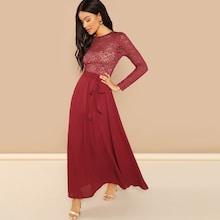 Shein Sheer Lace Bodice Tie Waist Dress