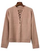 Shein Khaki Criss Cross Ribbed Trim Drop Shoulder Sweater