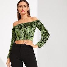 Shein Off Front Button Crop Velvet Top