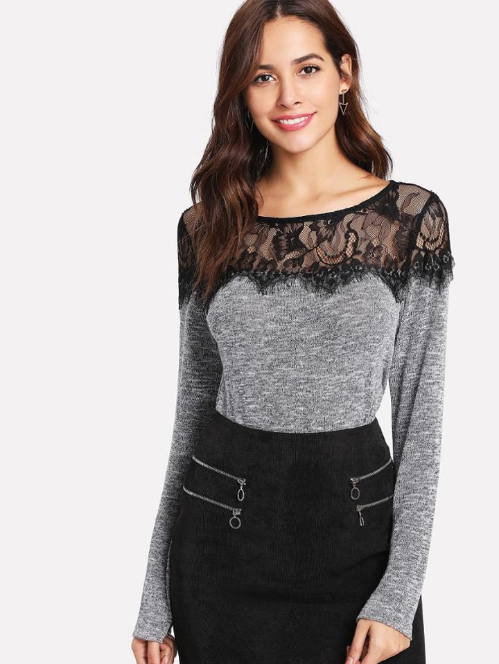 Shein Eyelash Lace Yoke Marled Knit Tee