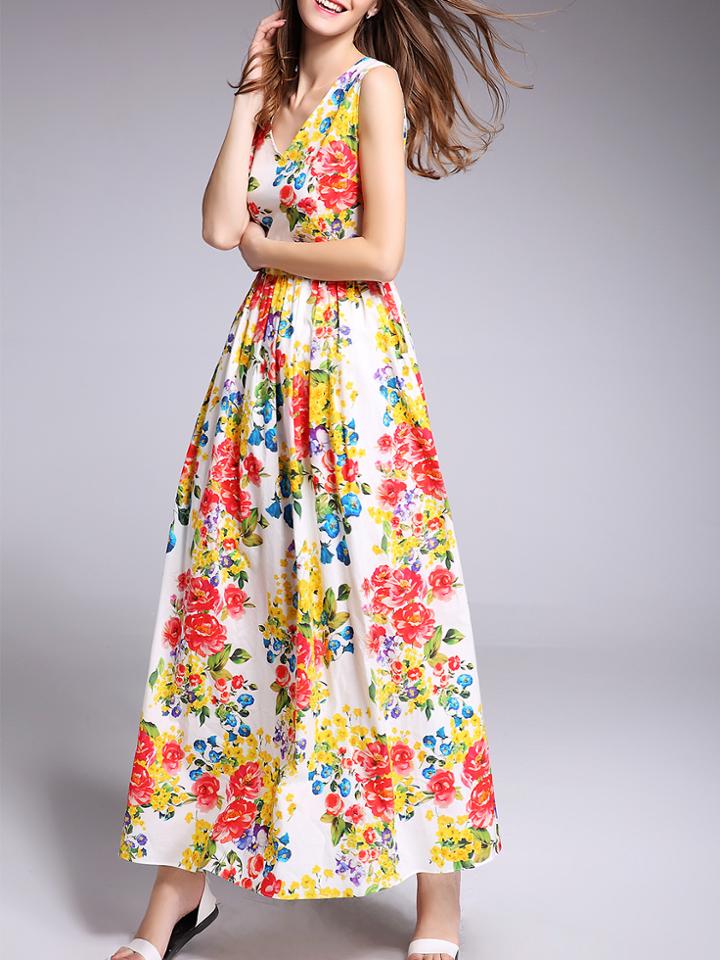 Shein White V Neck Floral Maxi Dress
