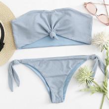Shein Knot Side Solid Ribbed Bandeau Bikini Set