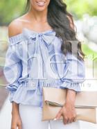 Shein Blue Off The Shoulder Bow Tie Striped Blouse