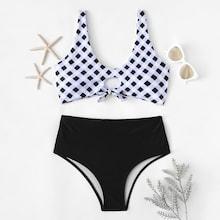 Shein Knot Front Random Gingham Bikini Set