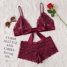 Shein Tie Front Lace Bralette And Pantie Lingerie Set