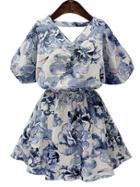 Shein Blue V Neck Lantern Sleeve Florals Dress