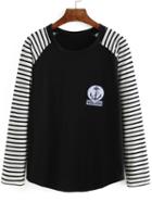 Shein Black Raglan Sleeve Striped Patch Sweatshirt