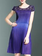 Shein Purple Round Neck Short Sleeve Pleated Contrast Lace Dress