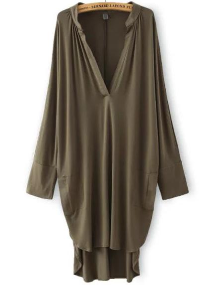 Shein Army Green Deep V Neck Asymmetrical Loose Dress